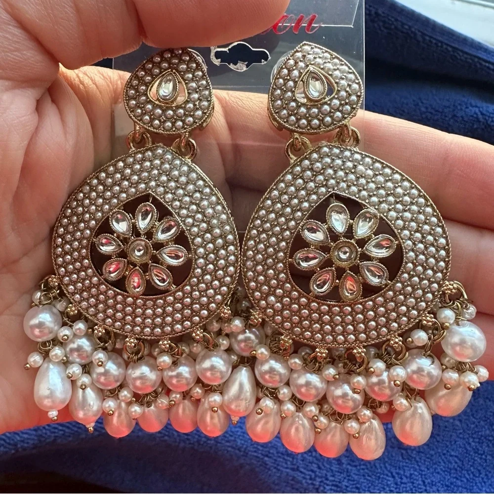 Gold-Tone Kundan Chandbali Earrings | Traditional Indian Pearl Drop Jewelry